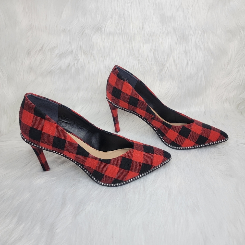 Bar III red and black square flannel pointed toe heels.